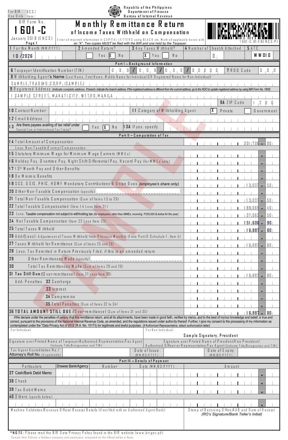 First page of the sample BIR Form 1601-C