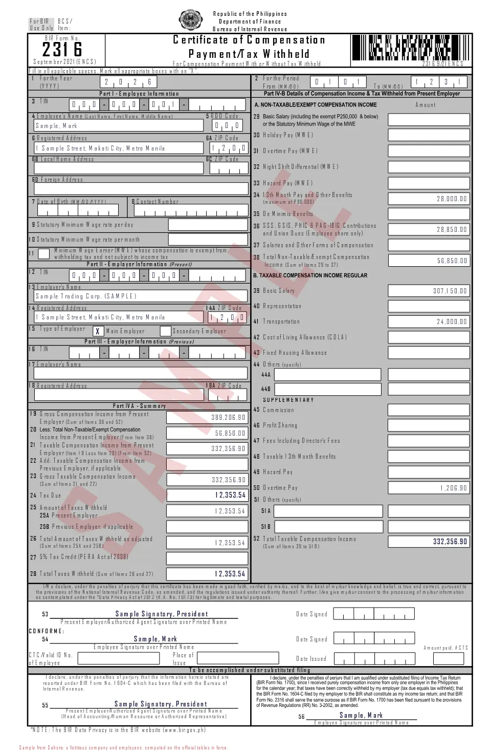 First page of the sample BIR Form 2316